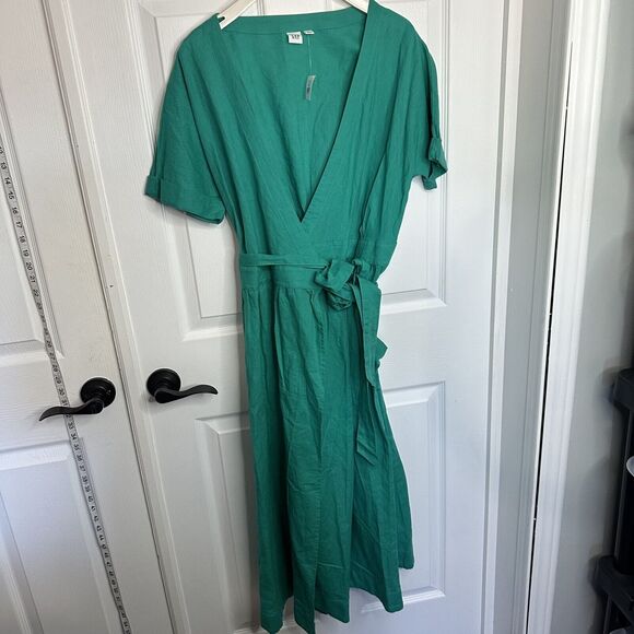 Gap Womens Size 6 Turquoise Linen Cotton Wrap Midi Dress Short Sleeve New - Picture 2 of 10